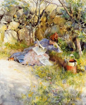 Une dame lisant un journal Carl Larsson Peinture à l'huile